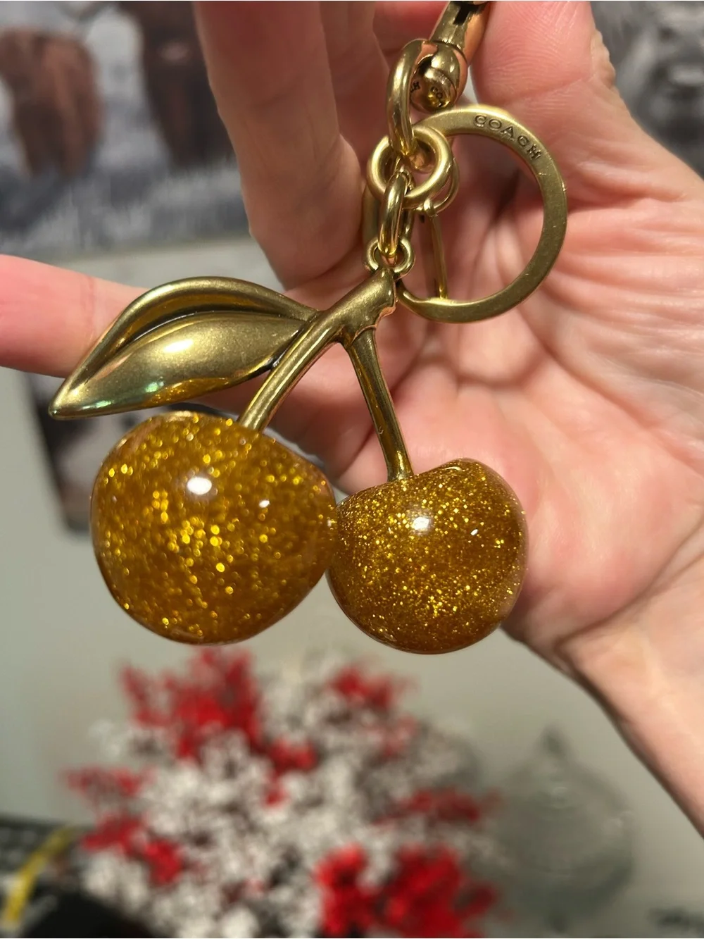 Coach❤️Gold-tone Glitter Golden Cherry Keychain Charm - Picture 5 of 7